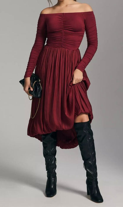 Anthropologie Off-the-Shoulder Ruched Bubble Dress-DRESS-Gazelle Fashion and Style