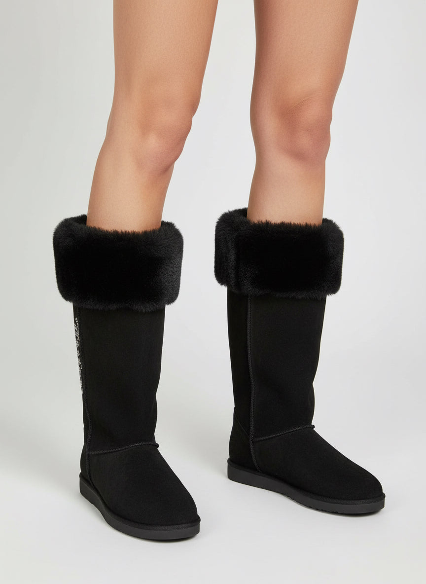 Juicy Couture Black Faux Fur Lined Boots with Rhinestone-SHOES-Gazelle Fashion and Style