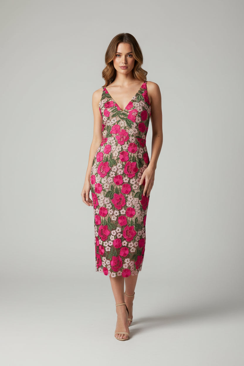 Dress the Population Floral Embroidered Midi Dress-DRESS-Floral-Used-XS-Gazelle Fashion and Style