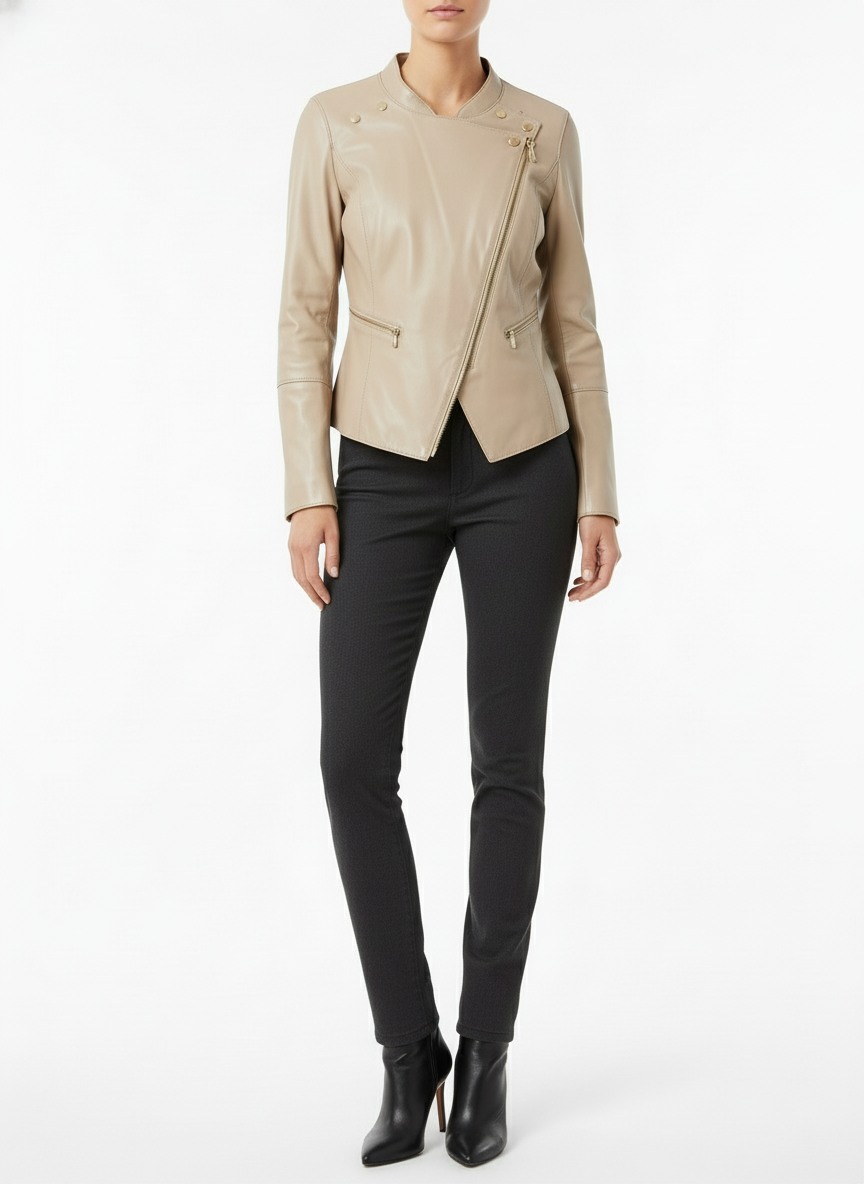 St. John Women's Beige Leather Jacket-JACKETS-Gazelle Fashion and Style
