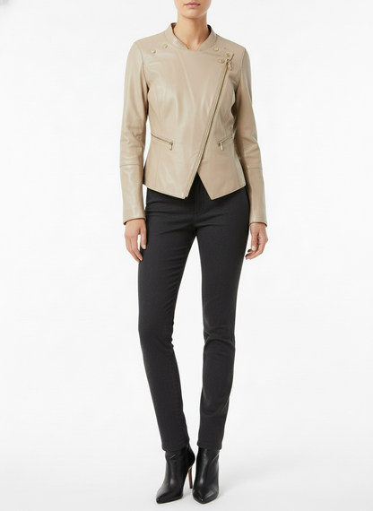 St. John Women's Beige Leather Jacket-JACKETS-Gazelle Fashion and Style