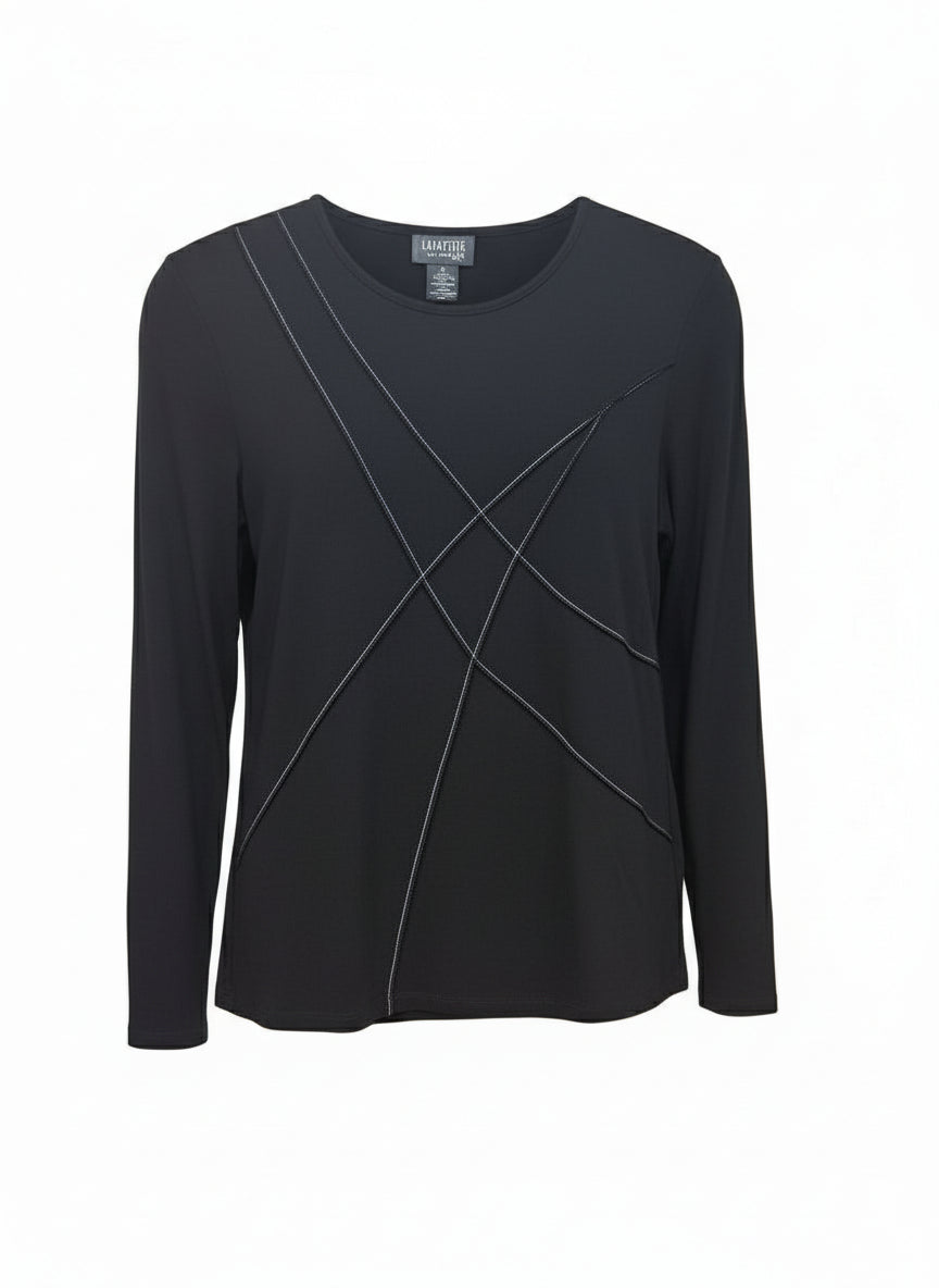 Lafayette Black Long Sleeve Top with Contrast Stitching-TOPS-S-black-Used-Gazelle Fashion and Style