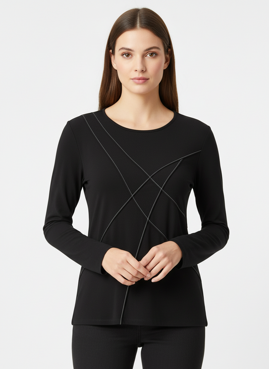 Lafayette Black Long Sleeve Top with Contrast Stitching-TOPS-Gazelle Fashion and Style