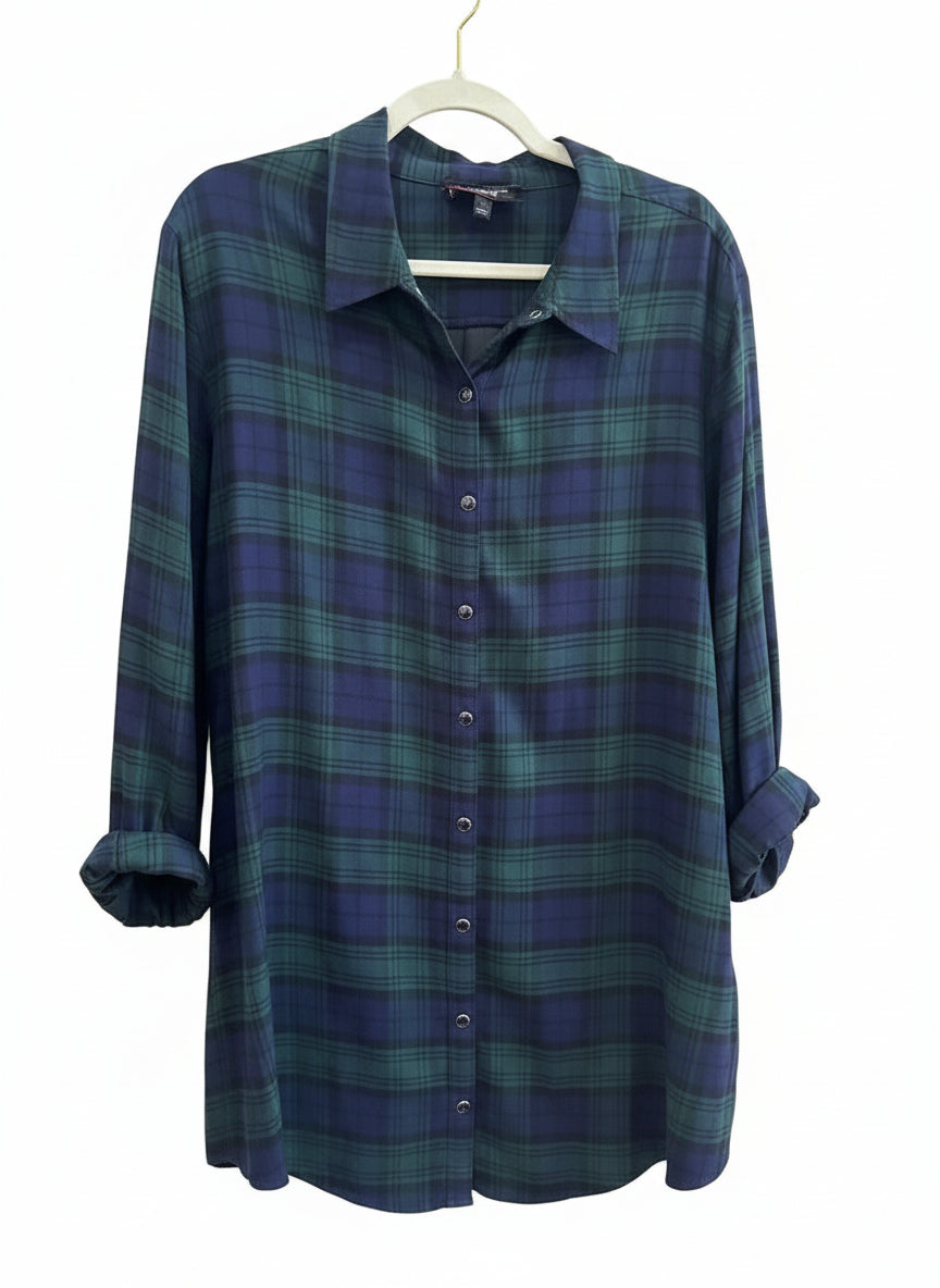 Johnny Was Plaid Button-Up Shirt with Embroidered Back-TOPS-L-blue, green, black-Used-Gazelle Fashion and Style