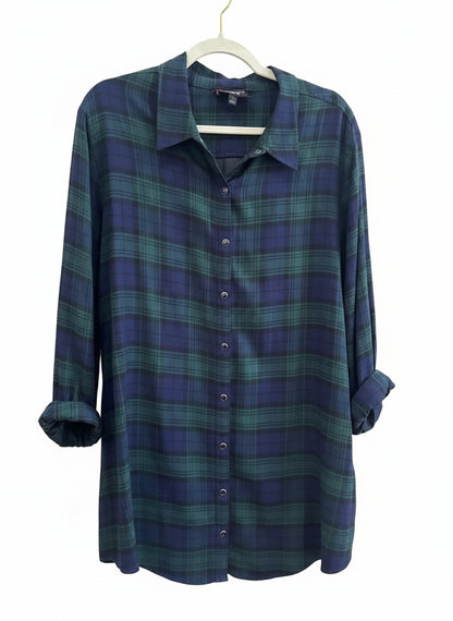 Johnny Was Plaid Button-Up Shirt with Embroidered Back-TOPS-L-blue, green, black-Used-Gazelle Fashion and Style