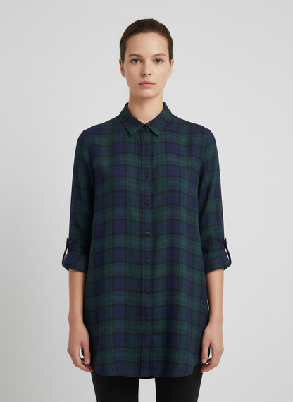 Johnny Was Plaid Button-Up Shirt with Embroidered Back-TOPS-Gazelle Fashion and Style