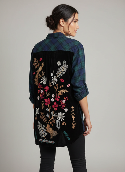 Johnny Was Plaid Button-Up Shirt with Embroidered Back-TOPS-Gazelle Fashion and Style