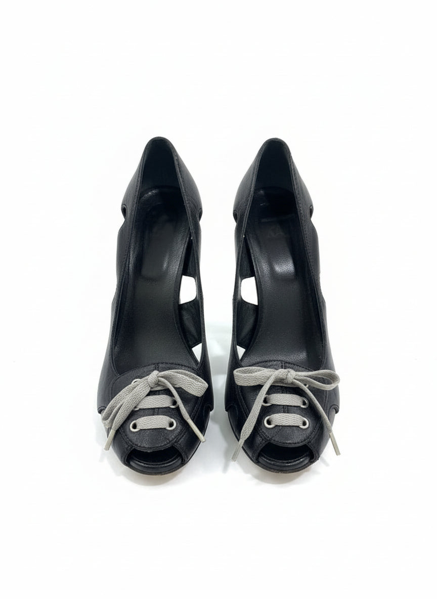 Black High Heel Peep Toe Shoes With Laces-SHOES-Gazelle Fashion and Style