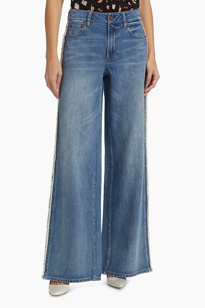 Alice + Olivia Mid Rise Baggy Jean With Raw Edge Jacquard Detail-PANTS-Gazelle Fashion and Style