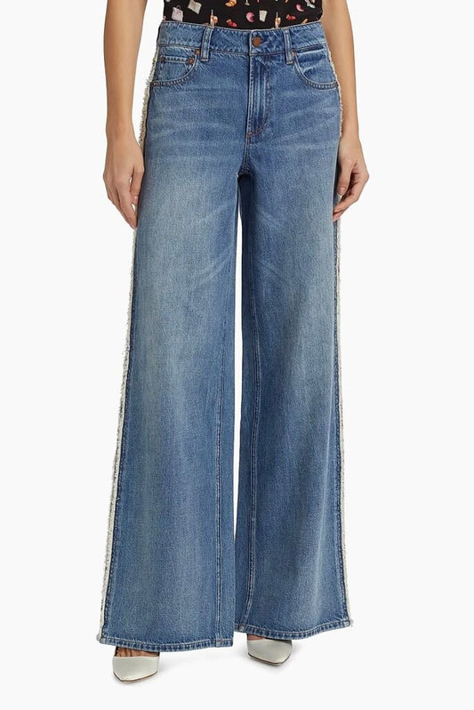 Alice + Olivia Mid Rise Baggy Jean With Raw Edge Jacquard Detail-PANTS-Gazelle Fashion and Style