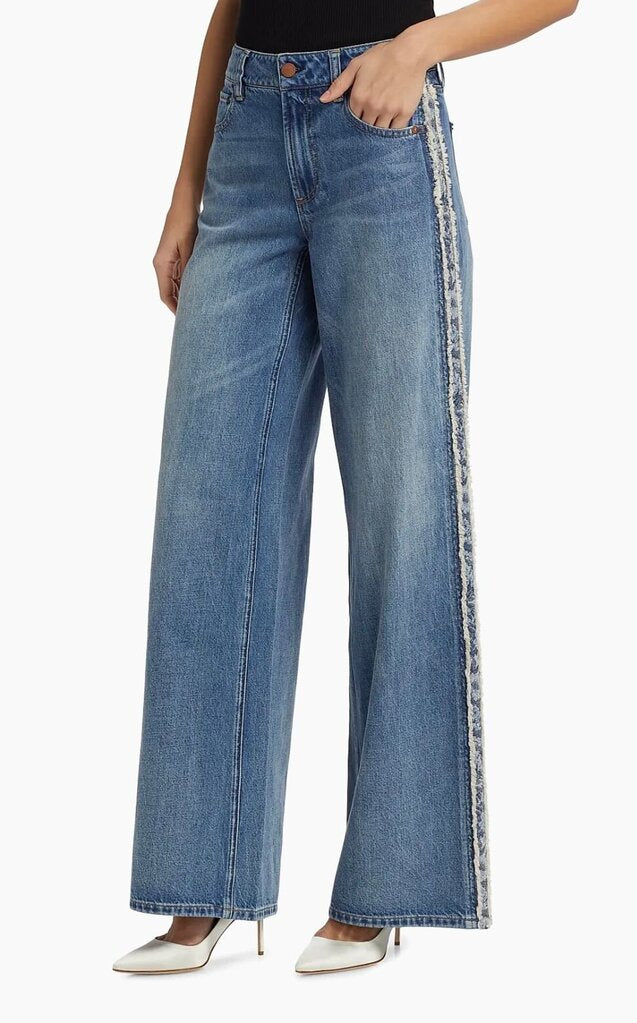 Alice + Olivia Mid Rise Baggy Jean With Raw Edge Jacquard Detail-PANTS-Gazelle Fashion and Style