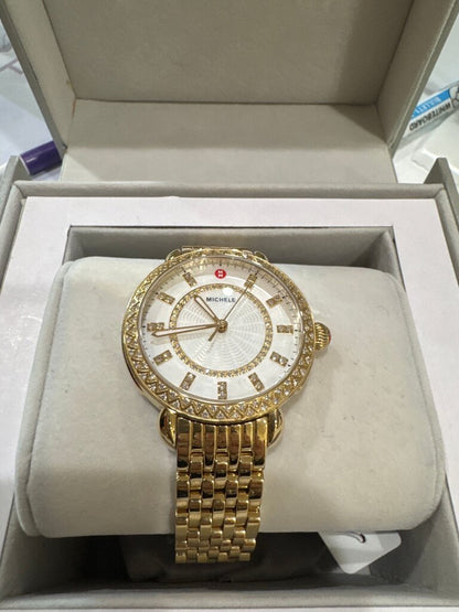 Michele Sidney Classic 18K Gold-Plated Steel Mother of Pearl Dial Diamonds Watch $1,850-WATCH-gold-Used-Gazelle Fashion and Style