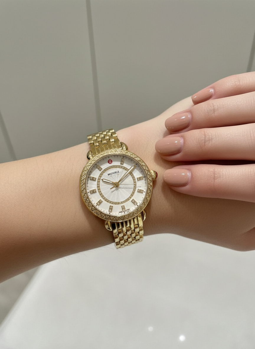 Michele Sidney Classic 18K Gold-Plated Steel Mother of Pearl Dial Diamonds Watch $1,850-WATCH-Gazelle Fashion and Style