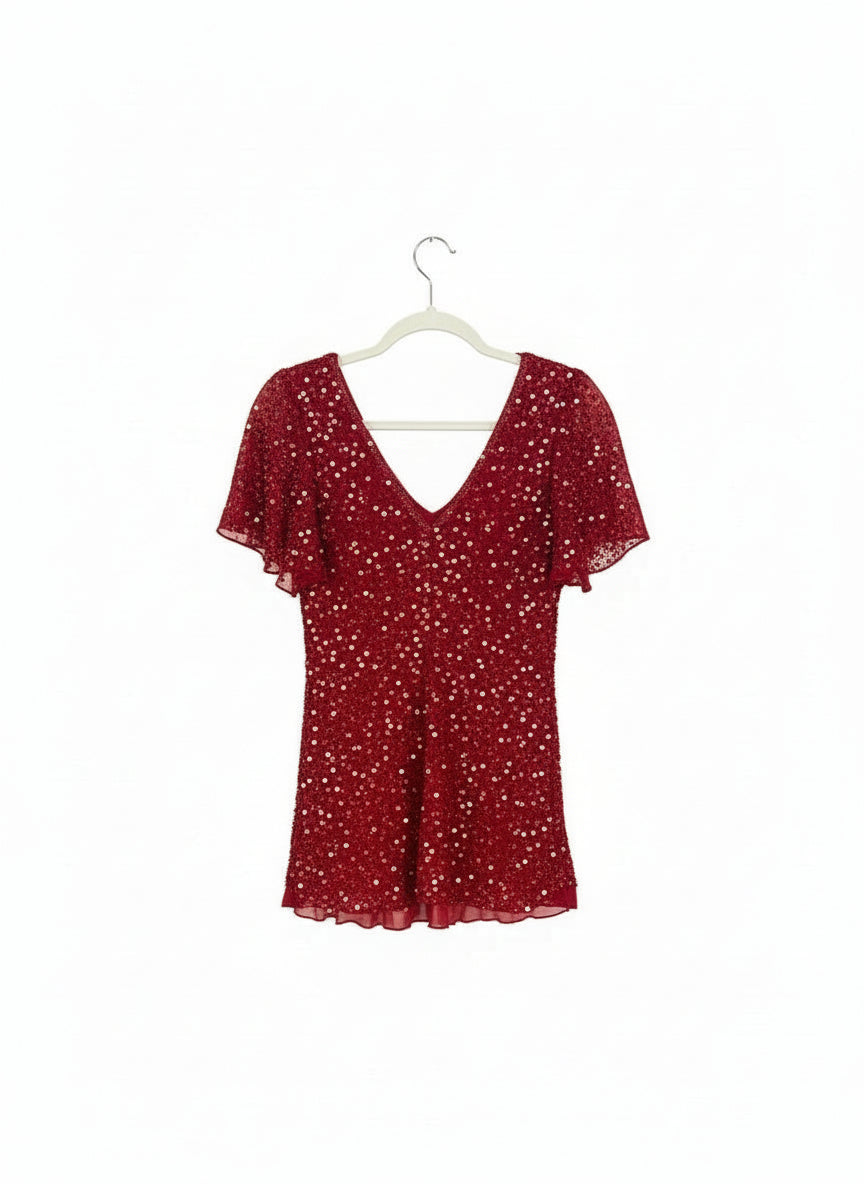 Adrianna Papell Red Sequin Top-TOPS-Gazelle Fashion and Style