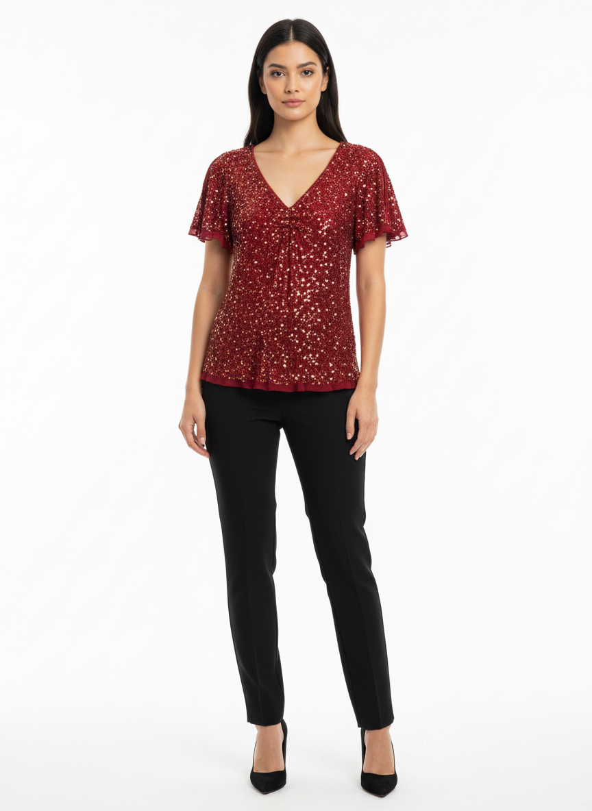 Adrianna Papell Red Sequin Top-TOPS-Gazelle Fashion and Style