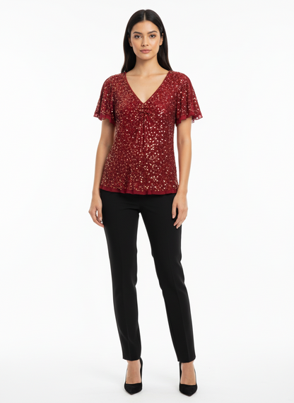 Adrianna Papell Red Sequin Top-TOPS-Gazelle Fashion and Style