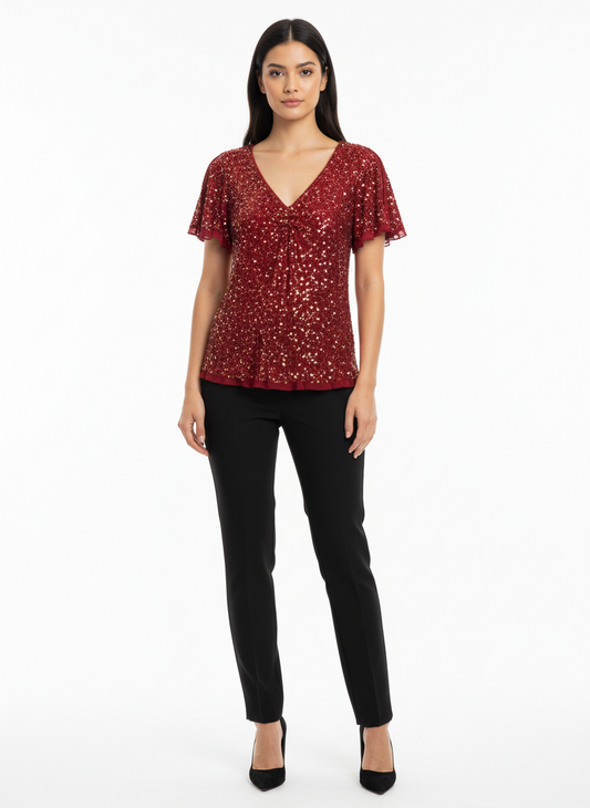 Adrianna Papell Red Sequin Top-TOPS-Gazelle Fashion and Style