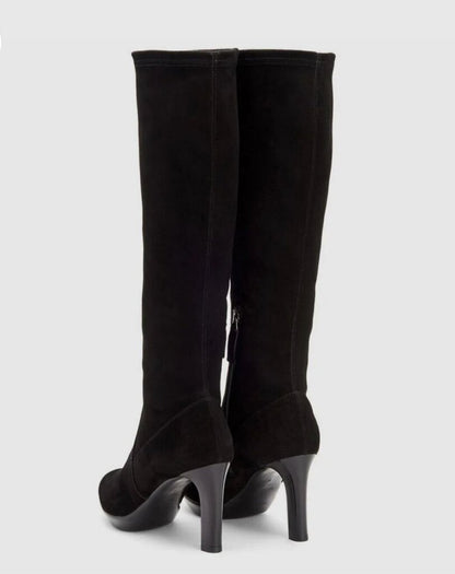 Women's Aquatalia Rhumba Black Suede Knee-High Heeled Boots-SHOES-Gazelle Fashion and Style