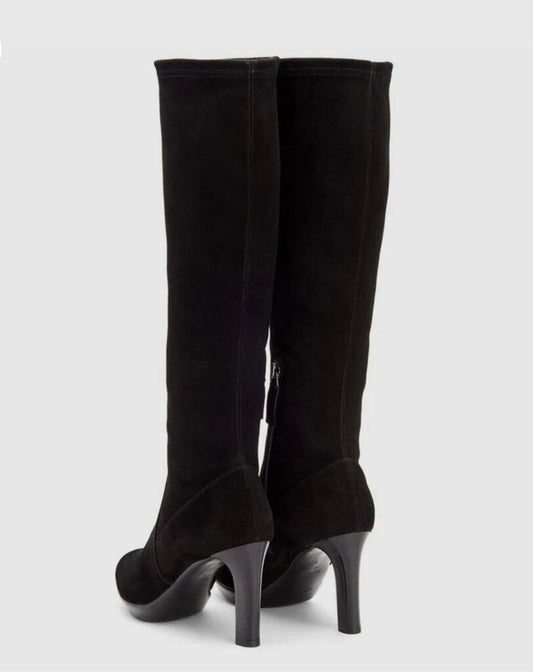 Women's Aquatalia Rhumba Black Suede Knee-High Heeled Boots-SHOES-Gazelle Fashion and Style
