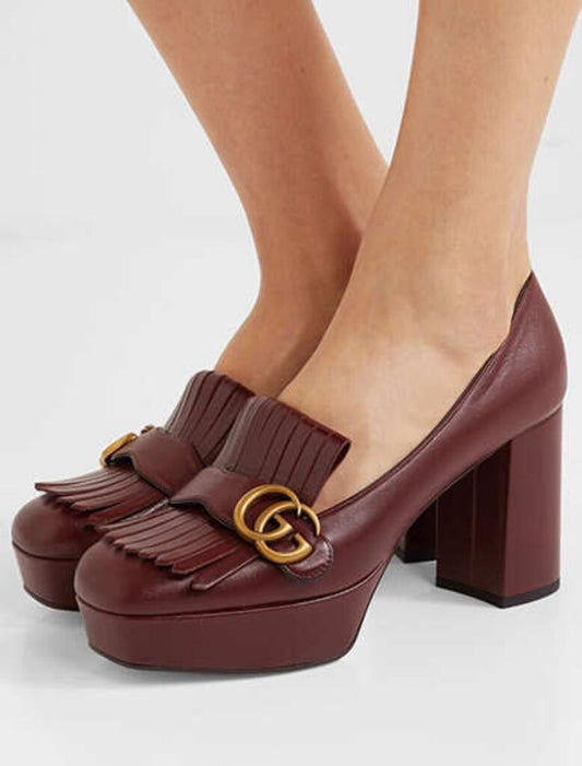 Gucci GG Marmont Fringe Burgundy Platform Pumps-SHOES-Gazelle Fashion and Style