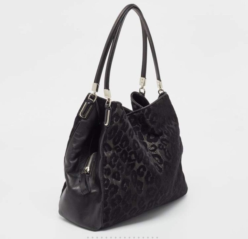 Coach Black Leopard Print Leather and Fabric Edie Handbag-HANDBAGS-Gazelle Fashion and Style