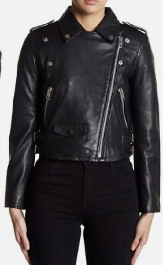 Walter Baker Women's Black Leather Moto Jacket-JACKETS-Gazelle Fashion and Style