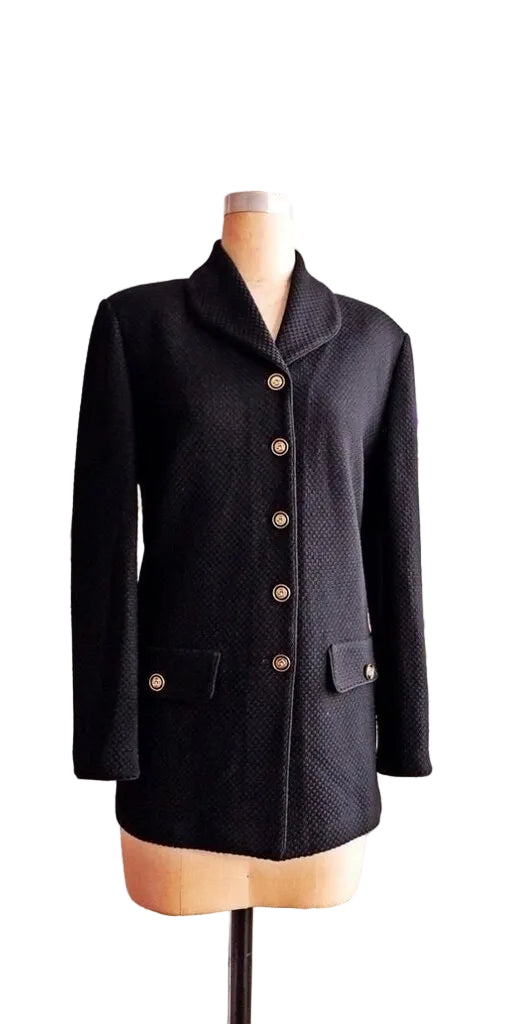 St. John Waffle Knit Jacket With Gold Buttons-JACKETS-10-Black-Used-Gazelle Fashion and Style