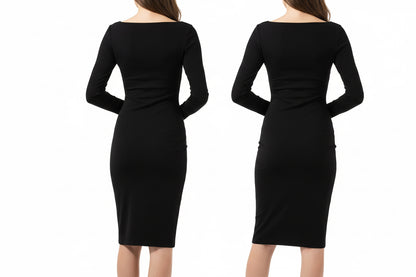 Sky Long Sleeve Black Dress with Leather Accents-DRESS-Gazelle Fashion and Style