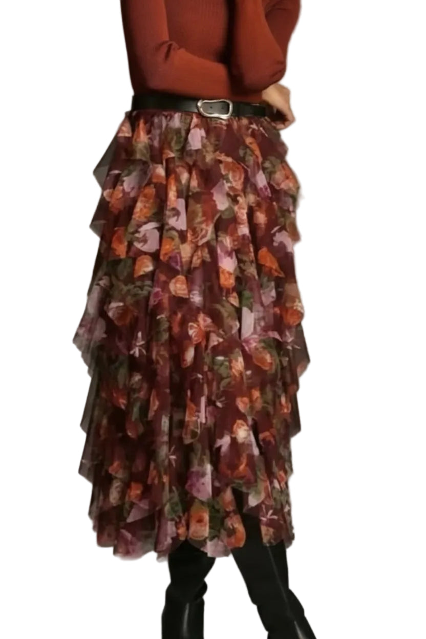 Anthropologie Floral Tulle Ruffled Midi Skirt-SKIRT-S-Multi-Color-Used-Gazelle Fashion and Style