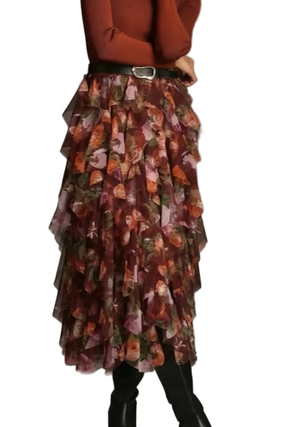 Anthropologie Floral Tulle Ruffled Midi Skirt-SKIRT-S-Multi-Color-Used-Gazelle Fashion and Style