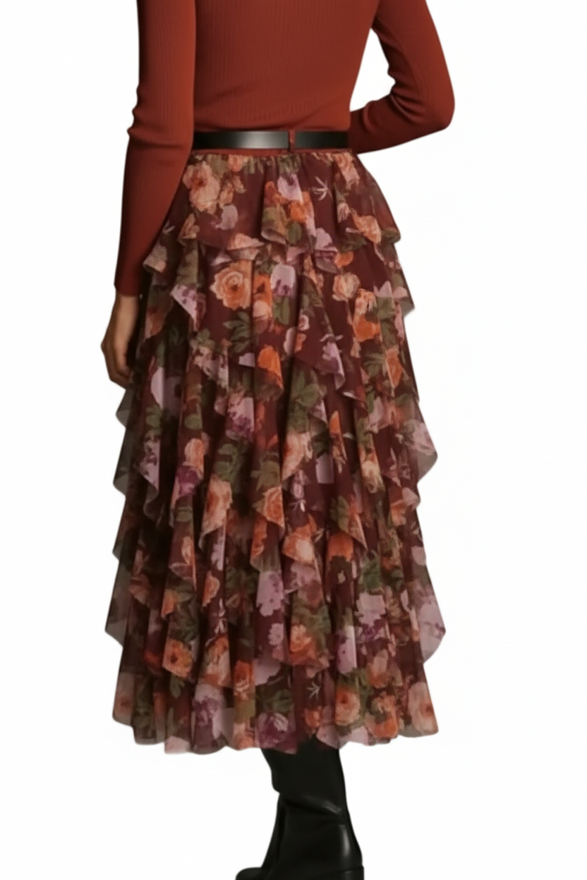Anthropologie Floral Tulle Ruffled Midi Skirt-SKIRT-Gazelle Fashion and Style