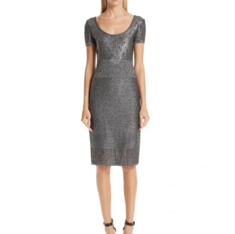 St John Collection Metallic Plaited Mixed Knit Dress-DRESS-4-silver-Used-Gazelle Fashion and Style