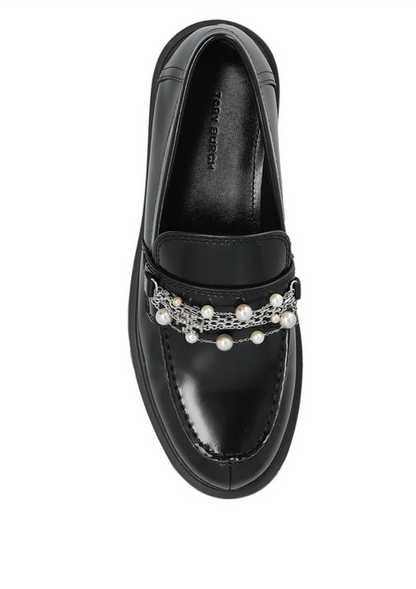 Tory Burch Black Pearl-Embellished Loafers-SHOES-8-black-Used-Gazelle Fashion and Style