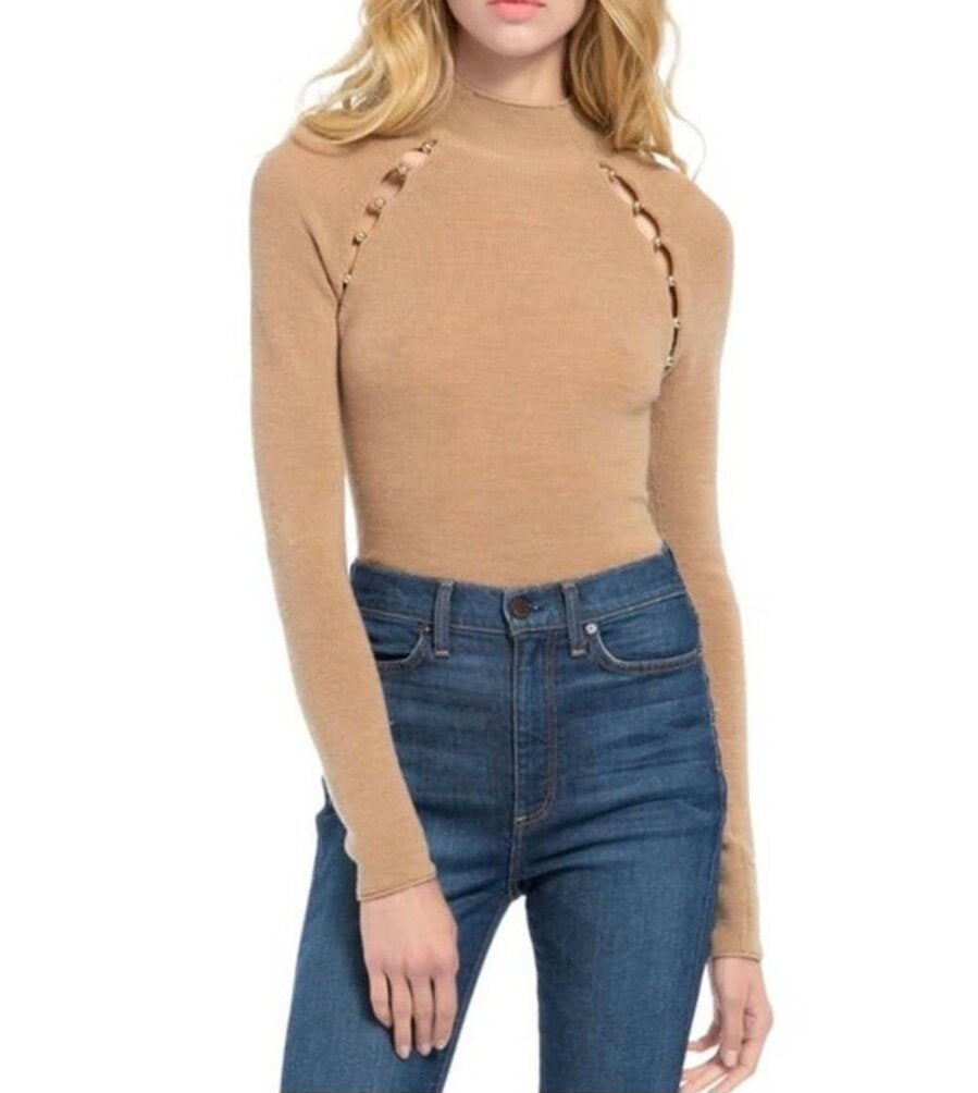 Alice + Olivia Long Sleeve Knit Top with Decorative Buttons-SWEATERS-M-beige-Used-Gazelle Fashion and Style