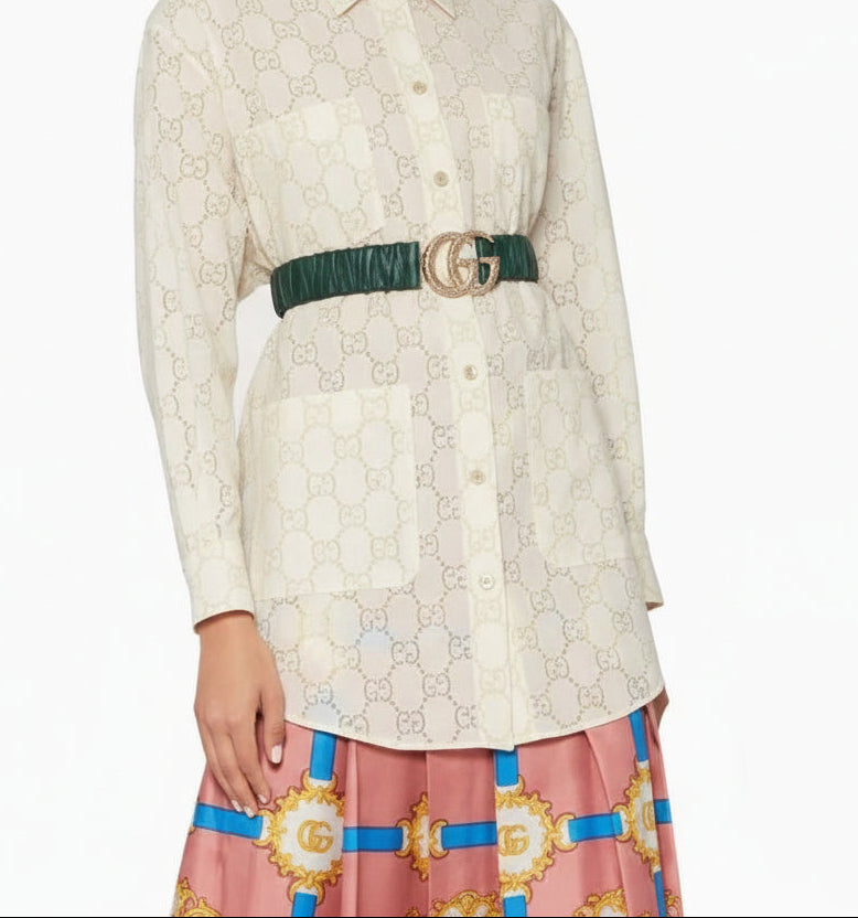 Gucci Green Scrunched Leather Belt with GG Buckle-BELTS-Gazelle Fashion and Style