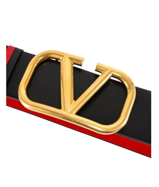 Valentino Black/ Red reversible Leather Belt with Gold Logo Buckle-BELTS-Gazelle Fashion and Style