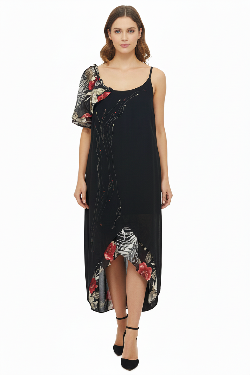 Custom-Made Black Dress with Floral Sleeve-DRESS-Gazelle Fashion and Style