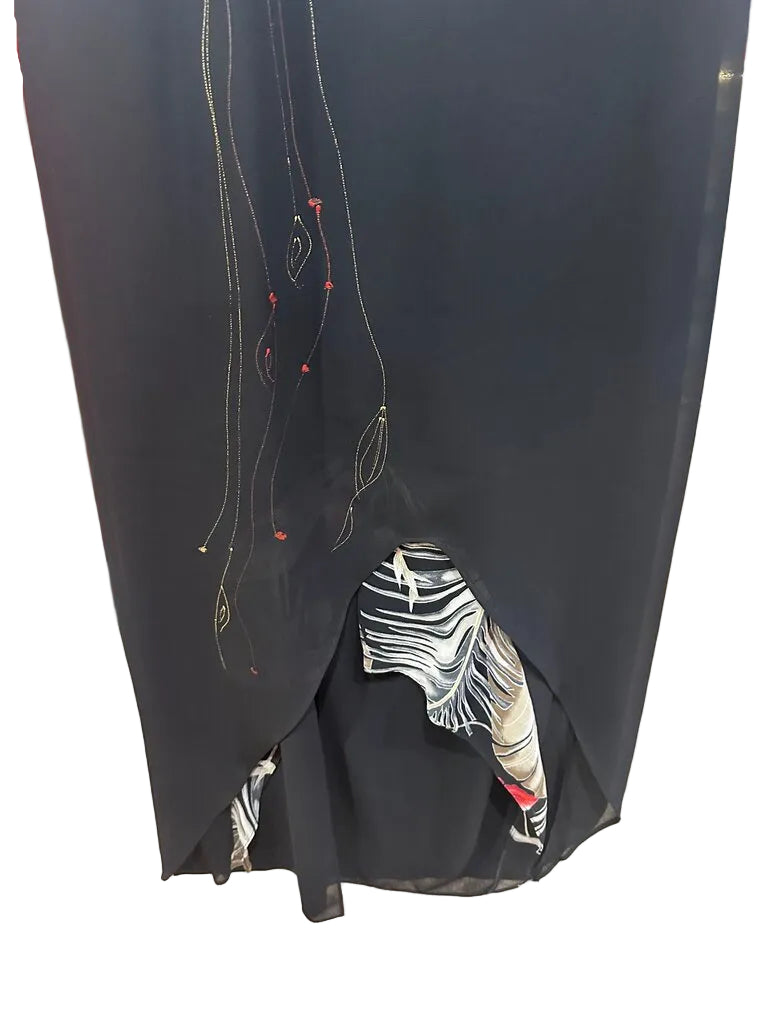 Custom-Made Black Dress with Floral Sleeve-DRESS-Gazelle Fashion and Style