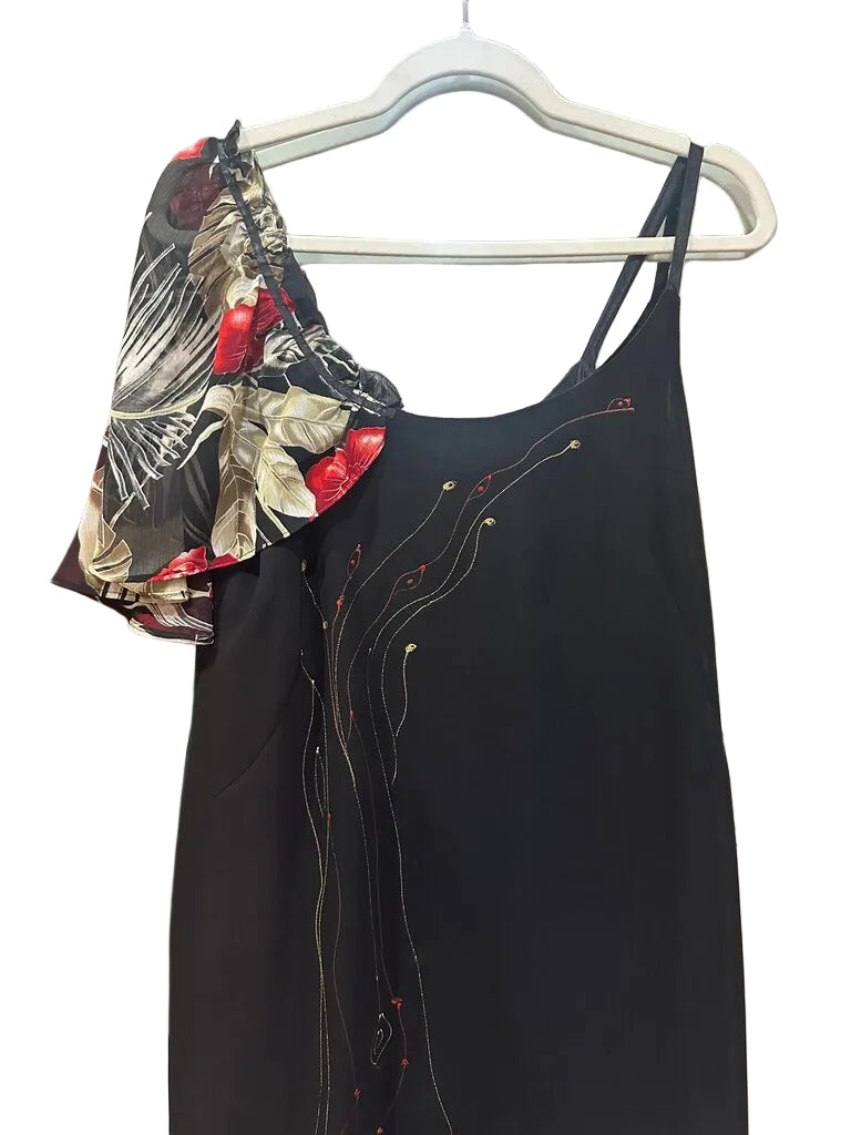 Custom-Made Black Dress with Floral Sleeve-DRESS-Gazelle Fashion and Style