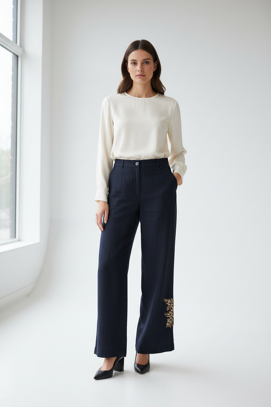 Bazar Deluxe Black Wide Leg Pants with Floral Embroidery-PANTS-Gazelle Fashion and Style