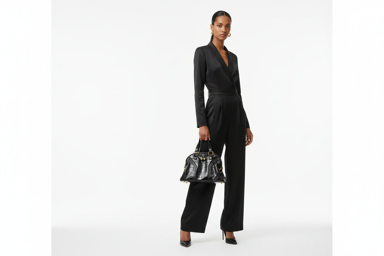 YSL Black Croc-Embossed Handbag-HANDBAGS-Gazelle Fashion and Style