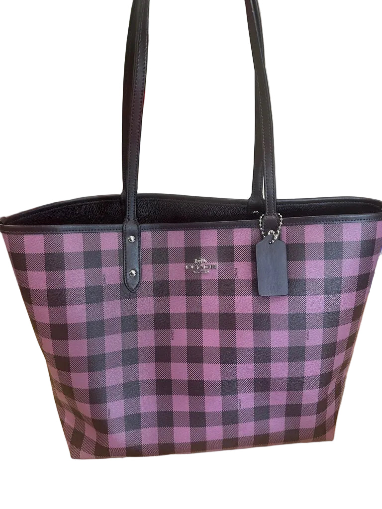 Coach Plaid Tote Bag-HANDBAGS-Purple/Black-Used-Gazelle Fashion and Style