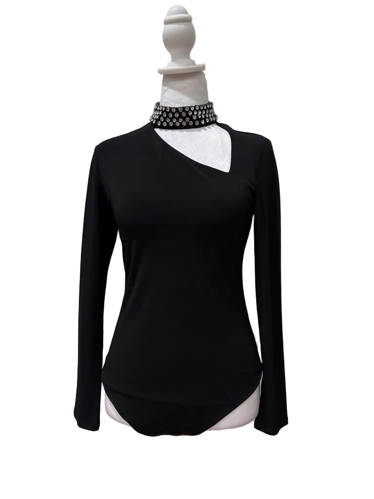 Alice + Olivia Bodysuit with Rhinestone Collar Size- M-Bodysuit-M-Black-Excellent-Gazelle Fashion and Style
