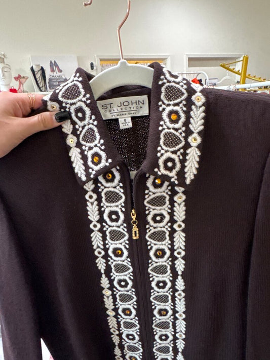 St. John Collection Embellished Zip-Up Cardigan