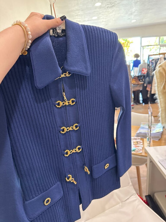 Vintage Blue Cardigan with Gold Accents