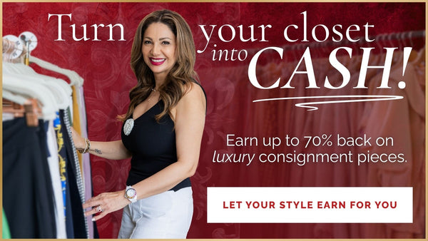 Woman standing next to a rack of clothes with text about consigning luxury items for cash.